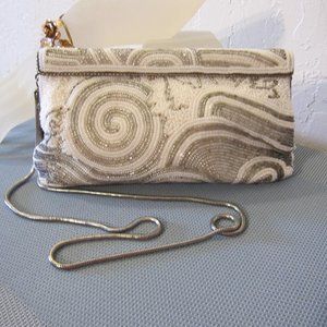 White & Silver Beaded Evening Bag - Vintage